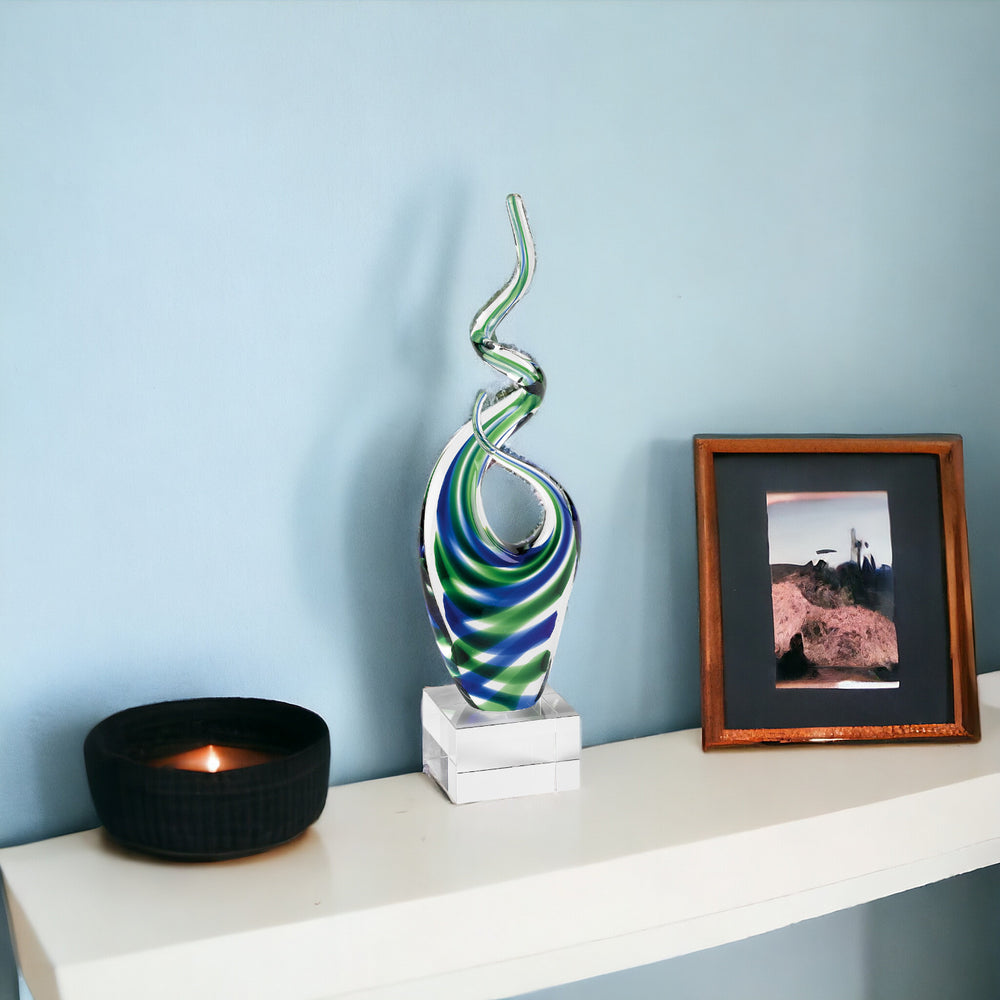 14" Clear Blue and Green Murano Glass Modern Abstract Tabletop Sculpture - Homeroots