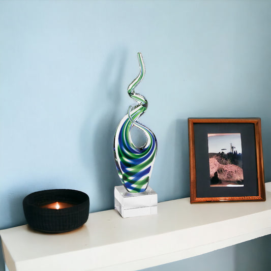 14" Clear Blue and Green Murano Glass Modern Abstract Tabletop Sculpture - Homeroots