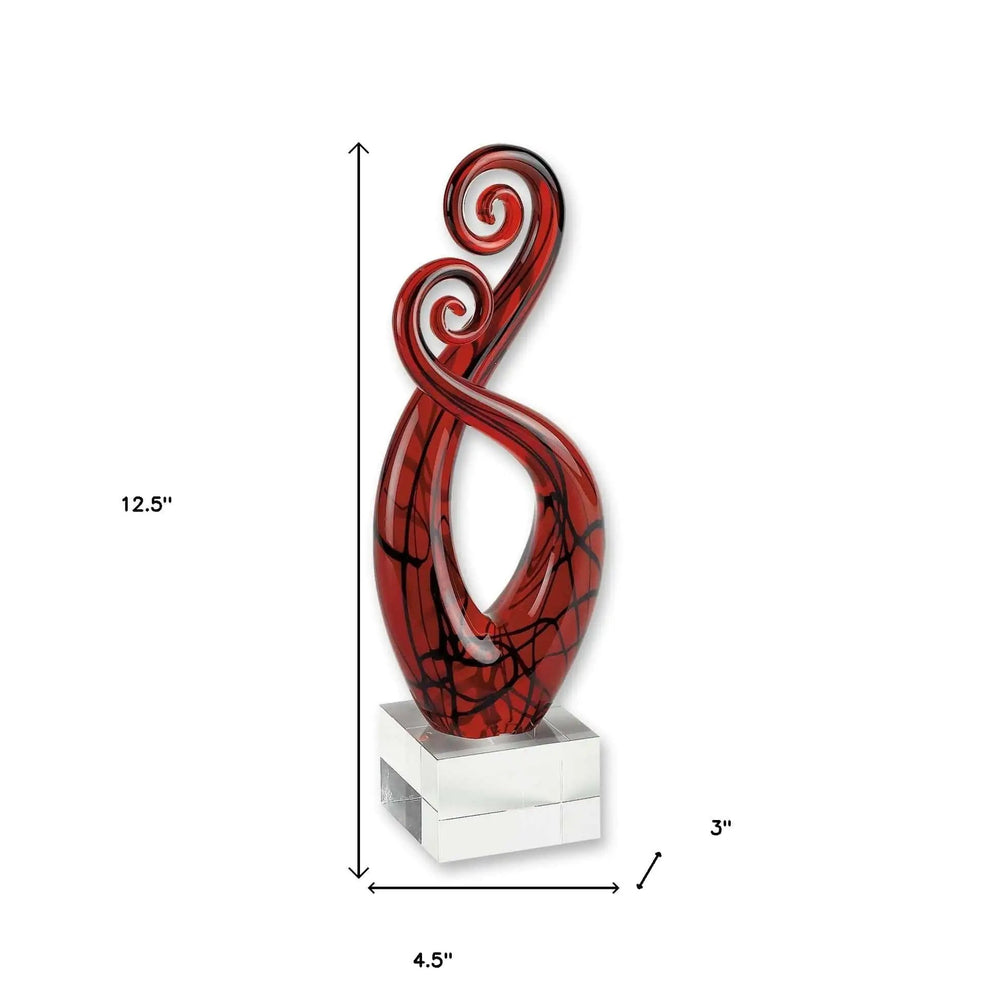 13" Clear Burgundy and Black Murano Glass Modern Abstract Tabletop Sculpture - Homeroots