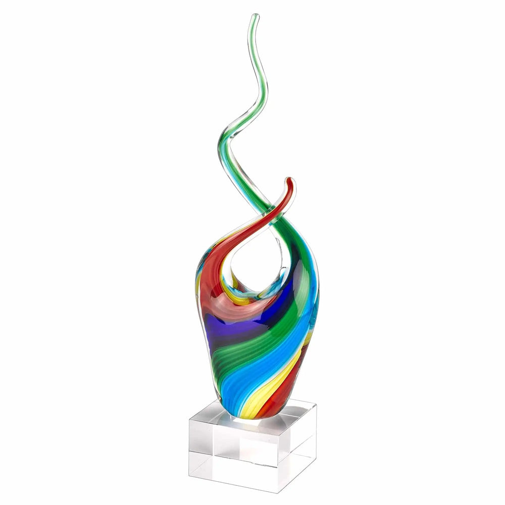14" Clear Red Blue Yellow Murano Glass Modern Abstract Tabletop Sculpture - Homeroots
