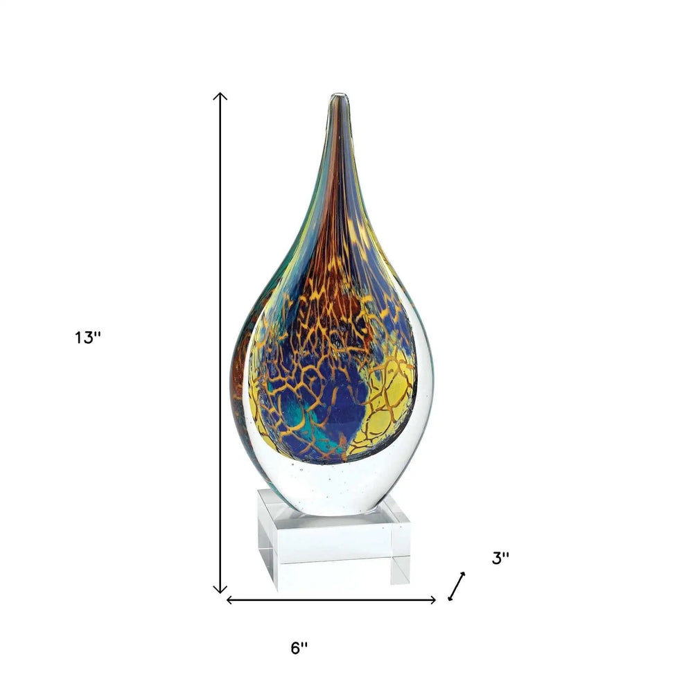 13" Blue and Yellow Murano Glass Modern Abstract Tabletop Sculpture - Homeroots