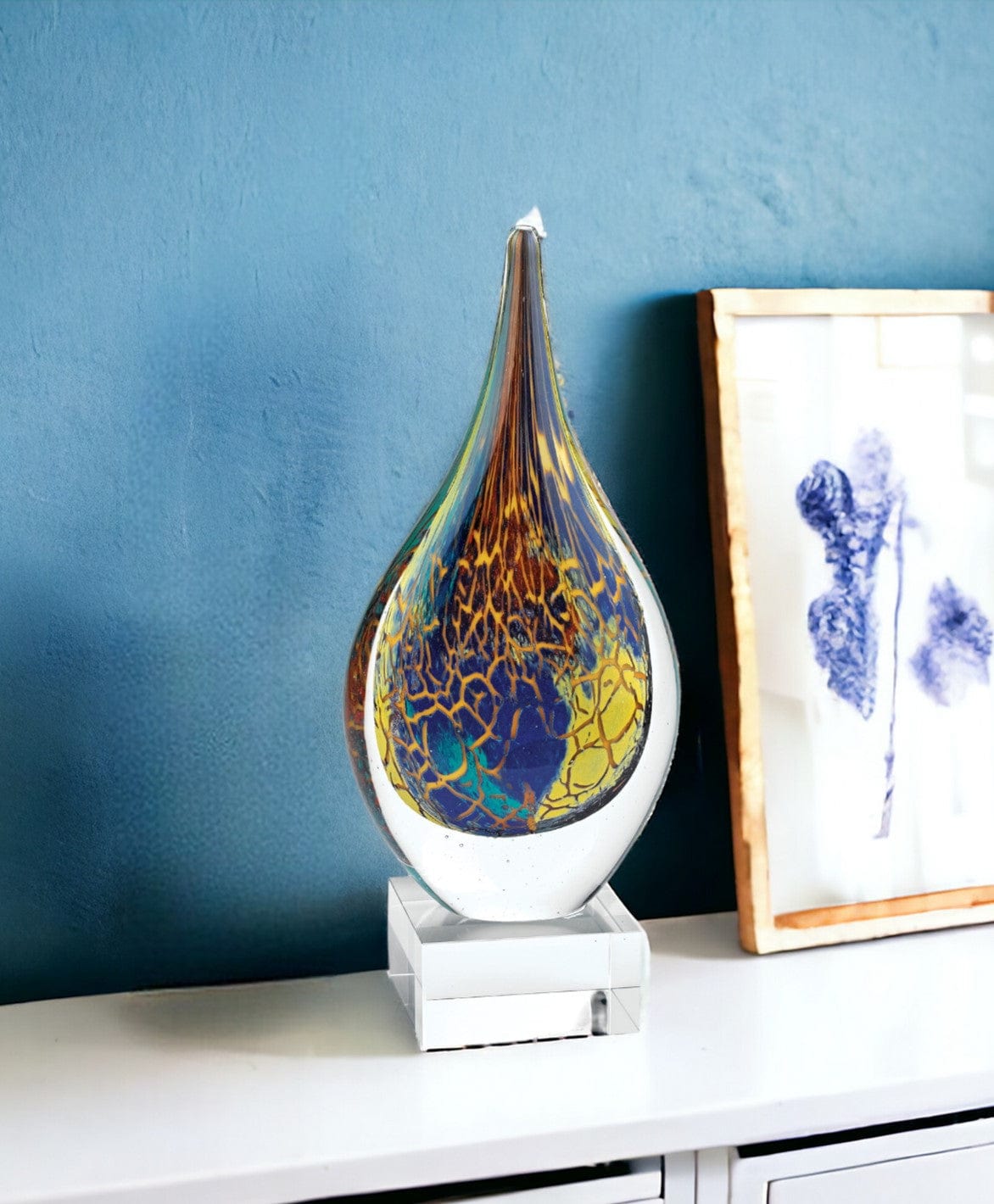 13" Blue and Yellow Murano Glass Modern Abstract Tabletop Sculpture - Homeroots - Flyclothing LLC