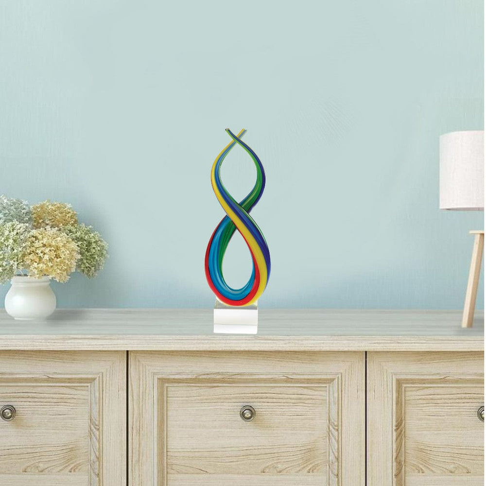 16" Clear Red Blue Yellow Murano Glass Modern Abstract Tabletop Sculpture - Homeroots