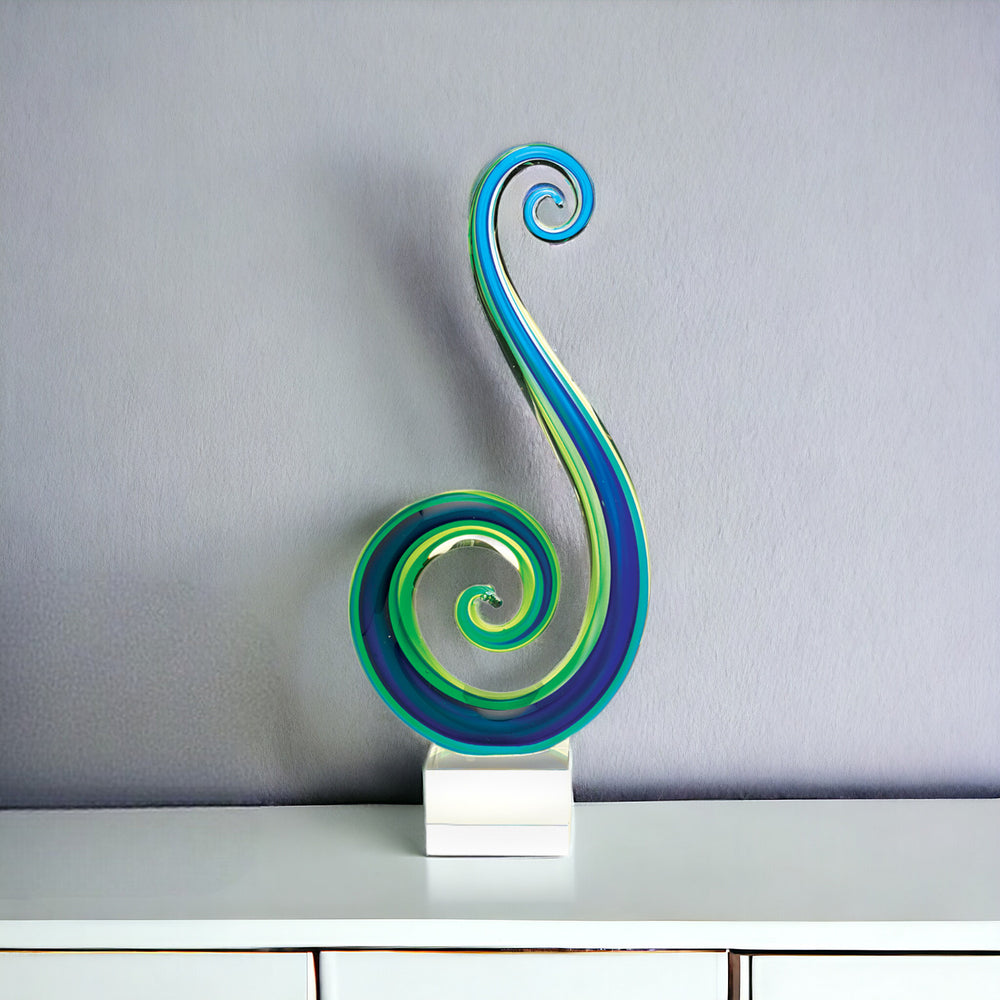 16" Blue and Green Murano Glass Modern Abstract Tabletop Sculpture - Homeroots