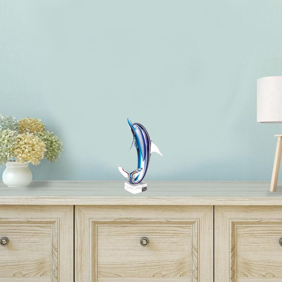 14" Blue Murano Glass Dolphin Figurine Tabletop Sculpture - Homeroots - Flyclothing LLC