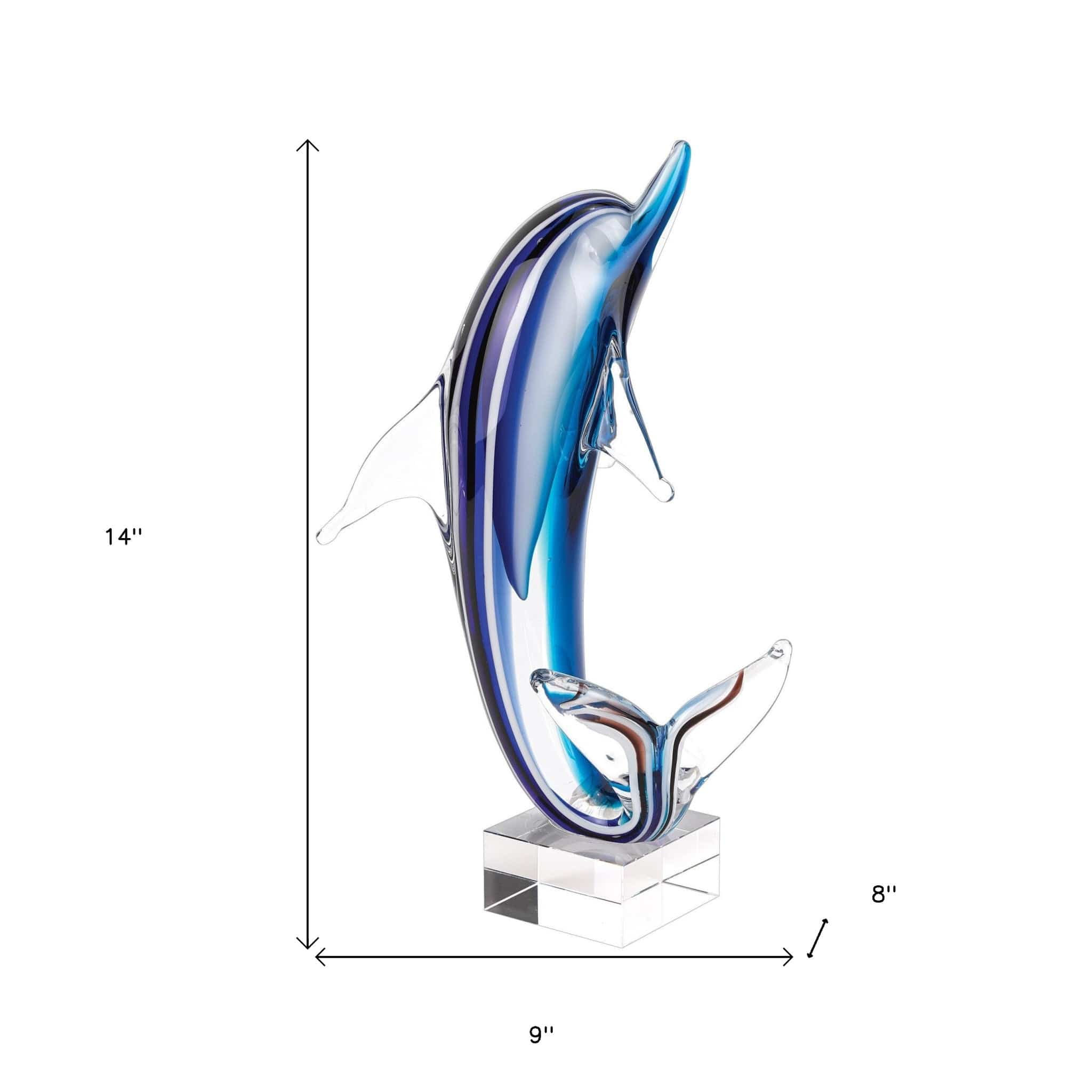 14" Blue Murano Glass Dolphin Figurine Tabletop Sculpture - Homeroots - Flyclothing LLC
