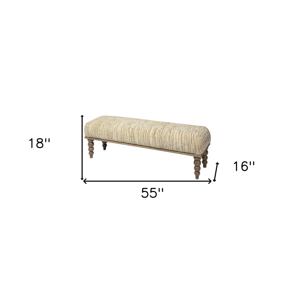 55" Cream and Wood Brown Upholstered Polyester Blend Bench - Homeroots