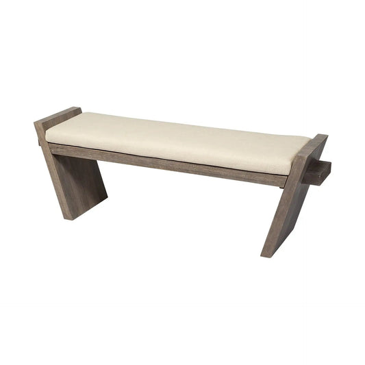 14" Cream and Brown Upholstered Linen Blend Bench - Homeroots