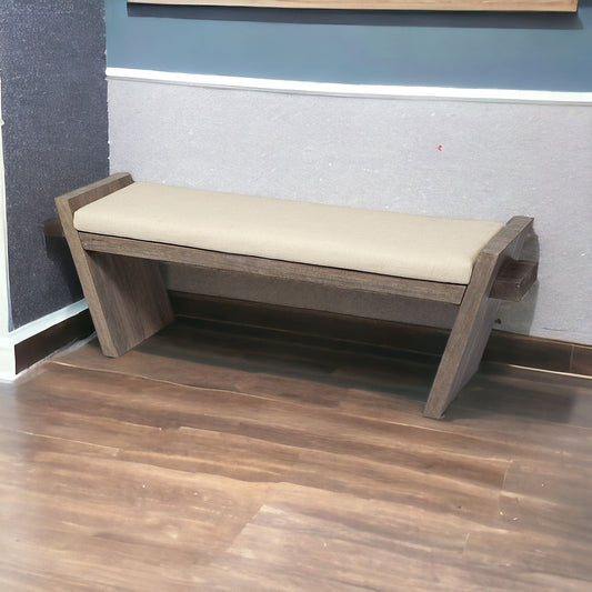 14" Cream and Brown Upholstered Linen Blend Bench - Homeroots