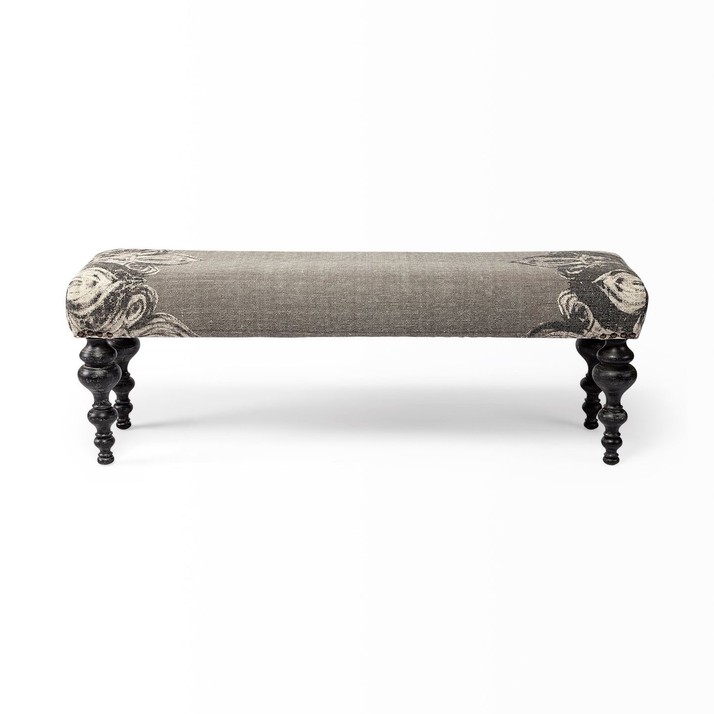 55" Gray and Black Upholstered Cotton Blend Floral Distressed Bench - Homeroots - Flyclothing LLC
