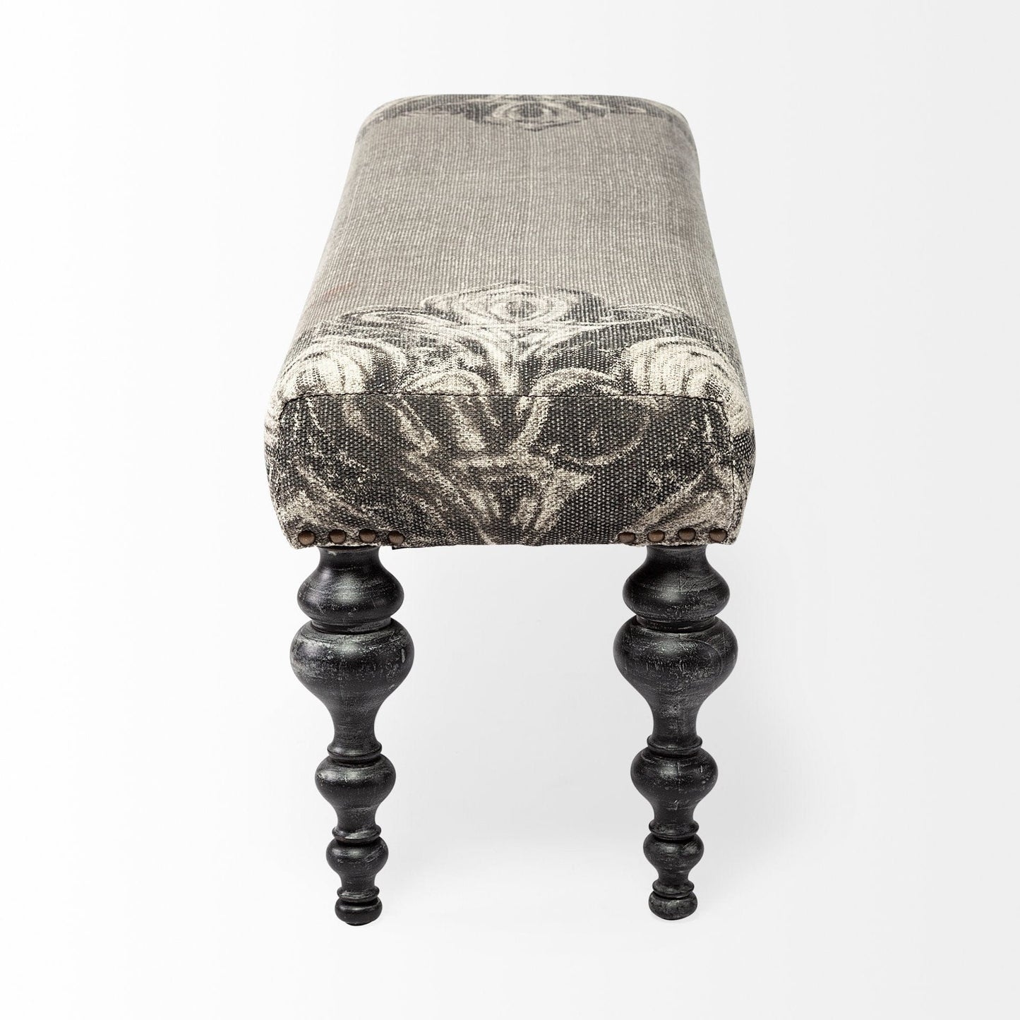 55" Gray and Black Upholstered Cotton Blend Floral Distressed Bench - Homeroots - Flyclothing LLC