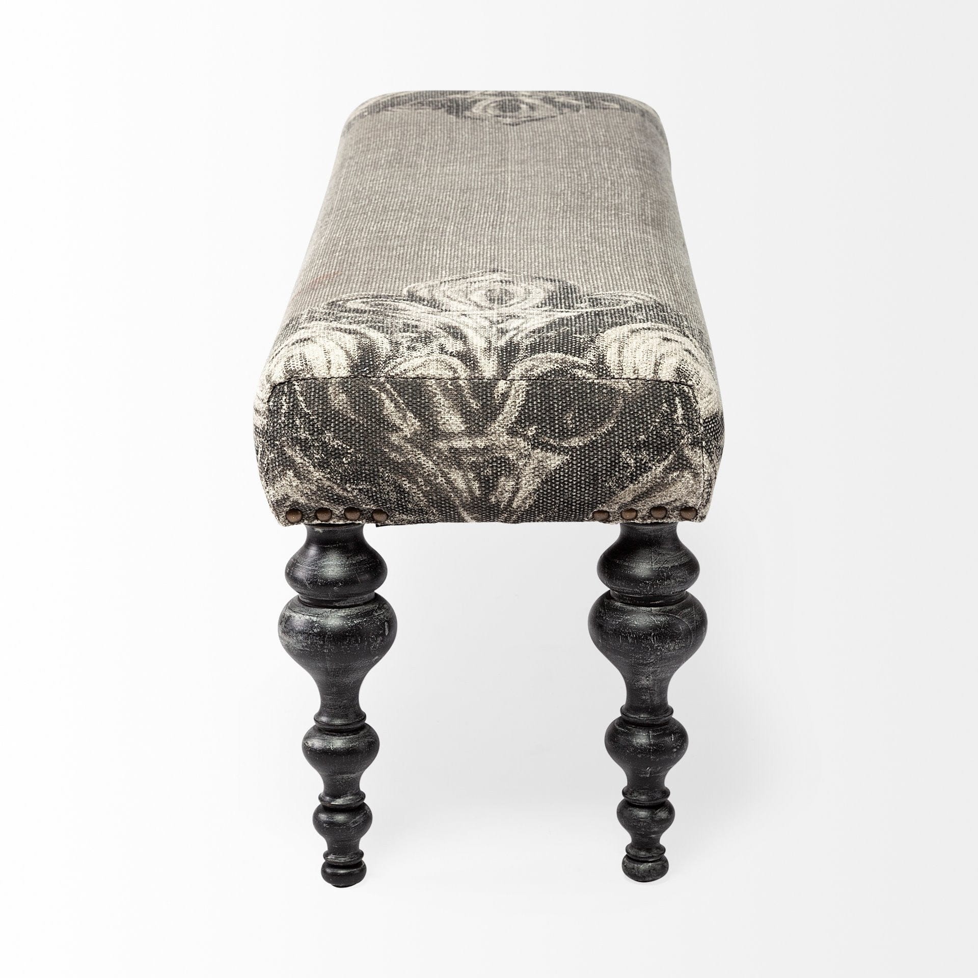 55" Gray and Black Upholstered Cotton Blend Floral Distressed Bench - Homeroots - Flyclothing LLC