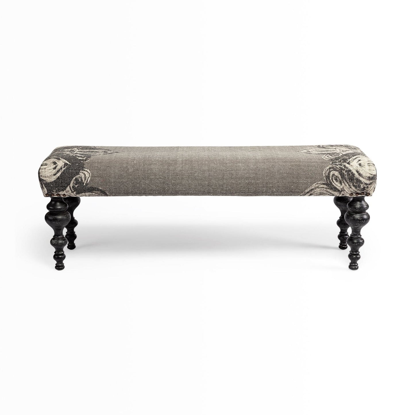 55" Gray and Black Upholstered Cotton Blend Floral Distressed Bench - Homeroots - Flyclothing LLC
