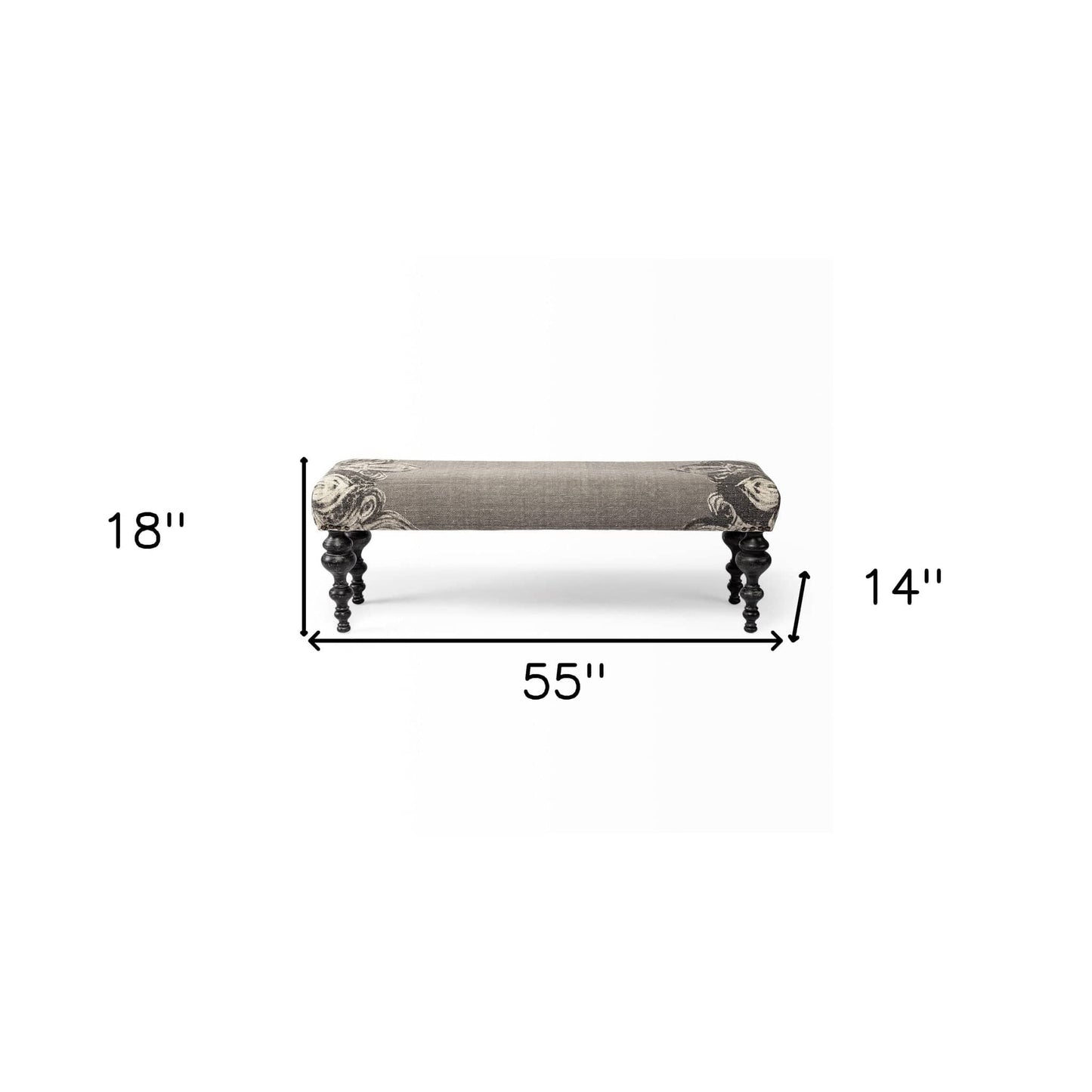 55" Gray and Black Upholstered Cotton Blend Floral Distressed Bench - Homeroots - Flyclothing LLC