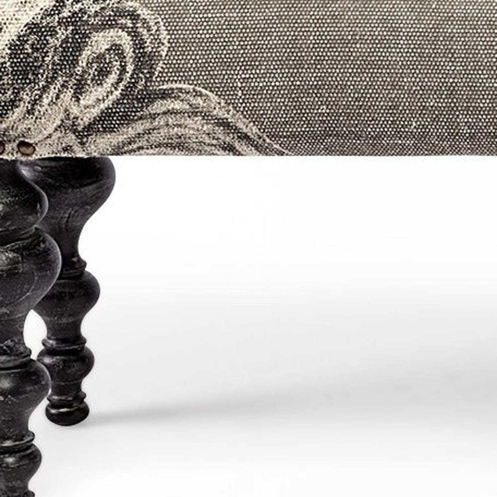 55" Gray and Black Upholstered Cotton Blend Floral Distressed Bench - Homeroots