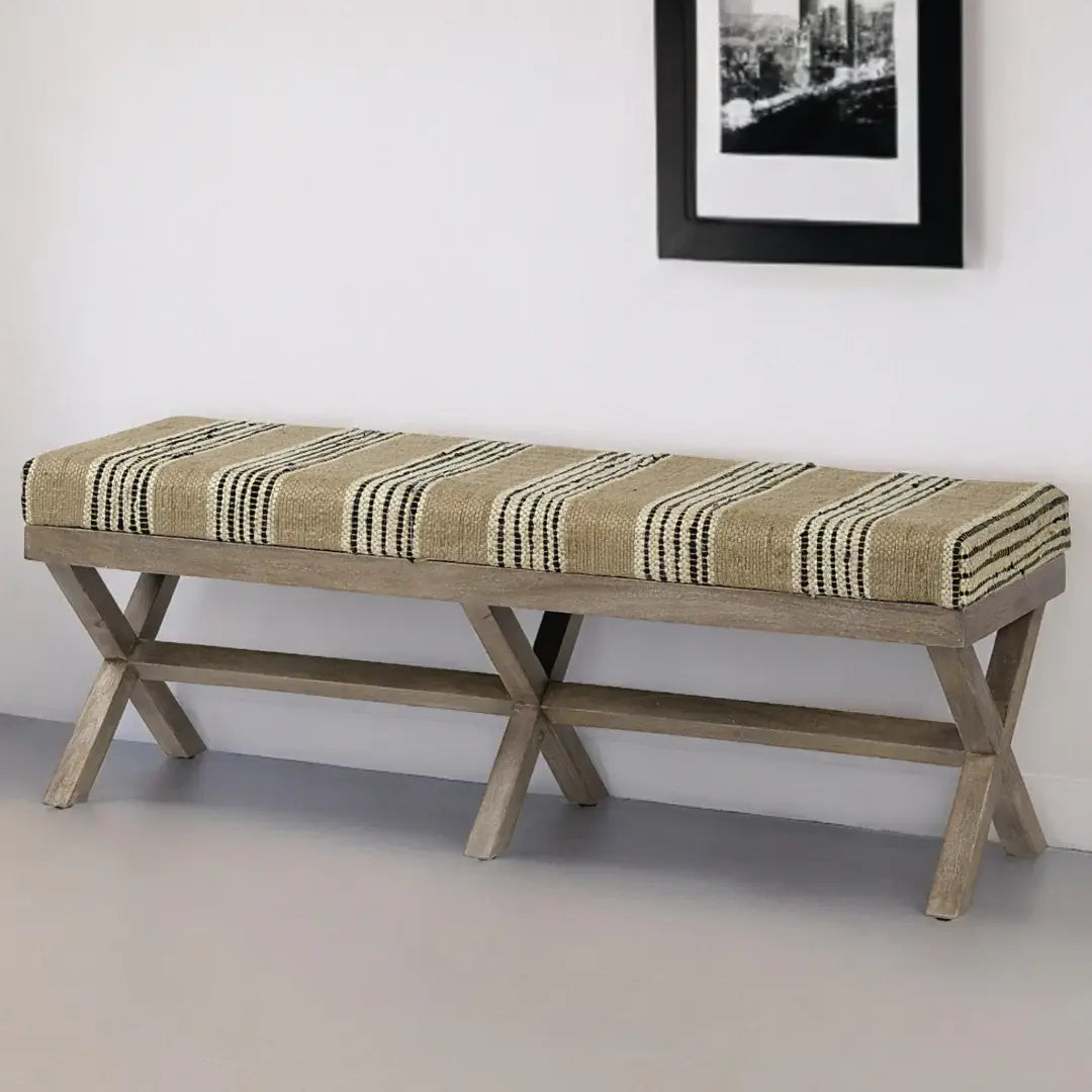 16" Beige And Brown Upholstered Cotton Blend Bench - Homeroots - Flyclothing LLC