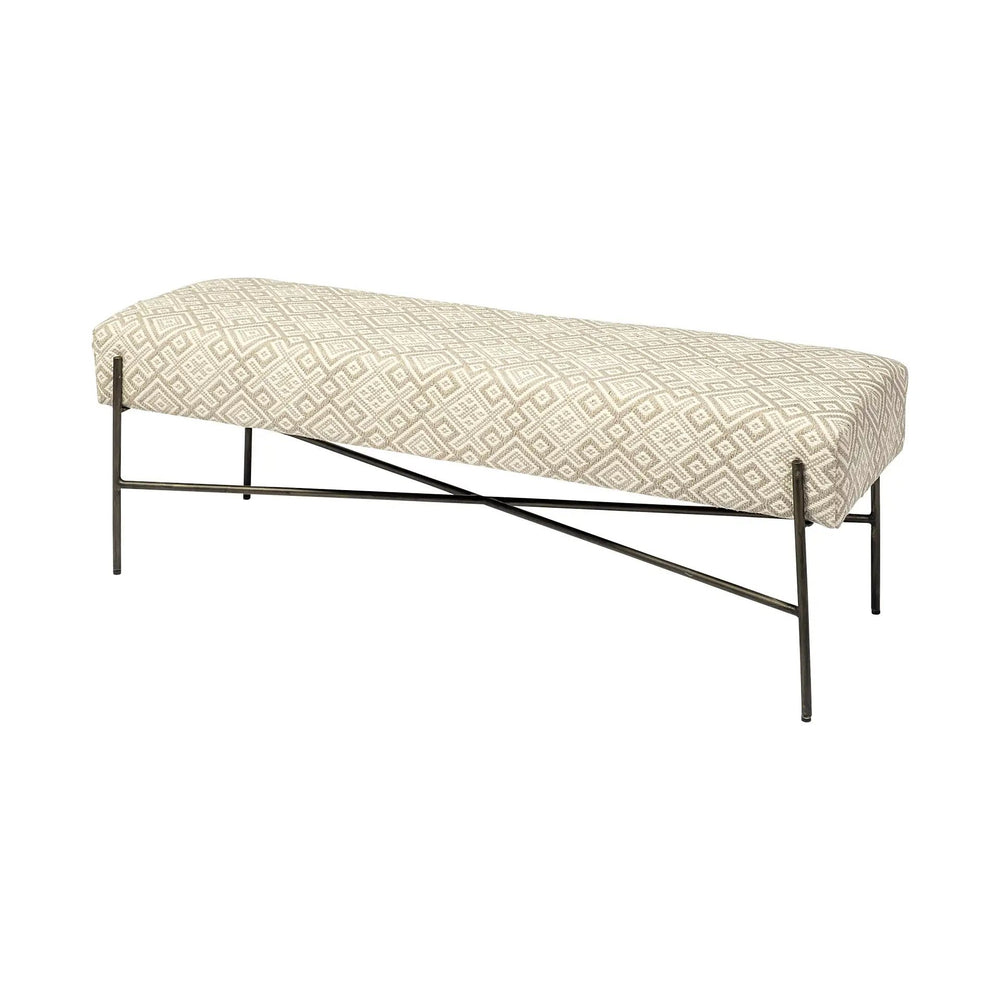 17" Cream and Black Upholstered Cotton Blend Geometric Bench - Homeroots