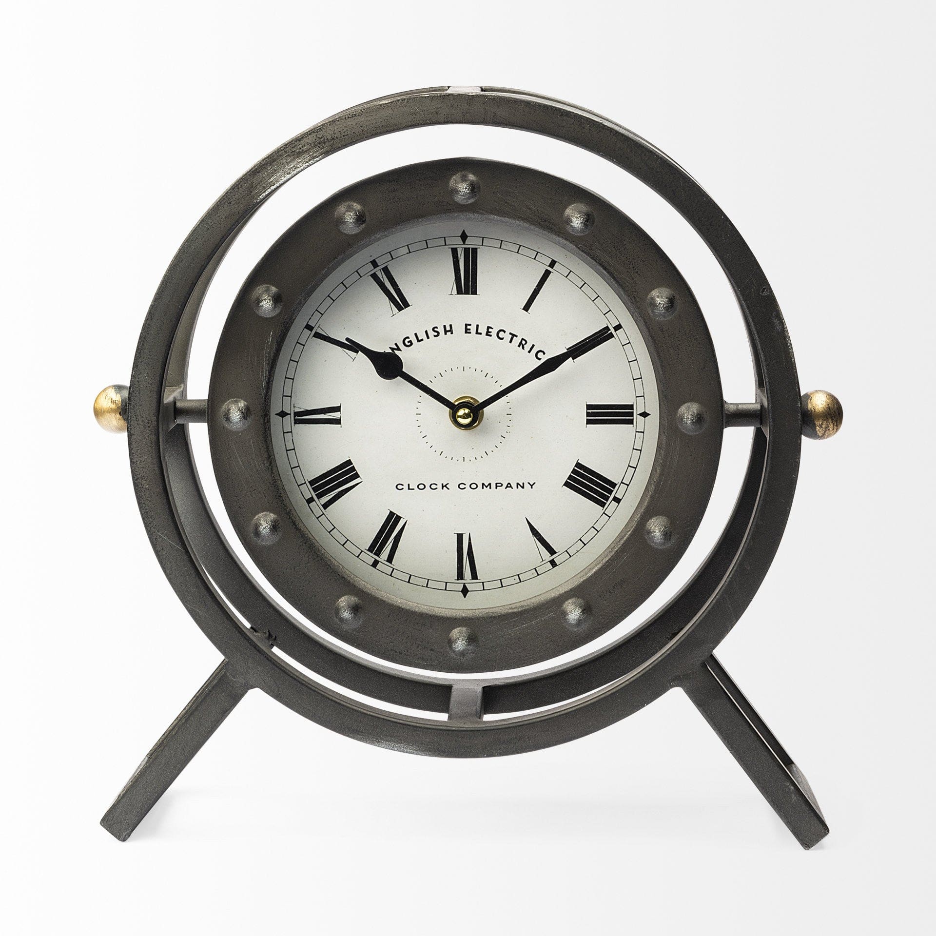 Gray Metal Circular Desk  Table Clock With Rivet Detail Frame - Homeroots