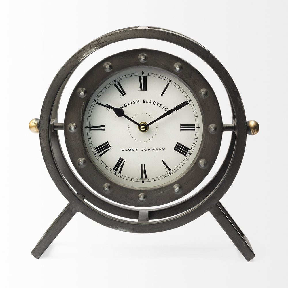 Gray Metal Circular Desk  Table Clock With Rivet Detail Frame - Homeroots
