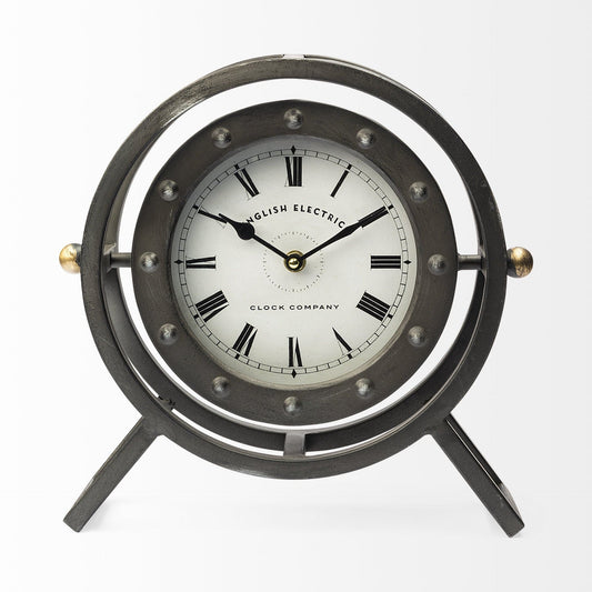 Gray Metal Circular Desk  Table Clock With Rivet Detail Frame - Homeroots