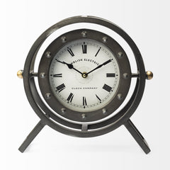 Gray Metal Circular Desk  Table Clock With Rivet Detail Frame - Homeroots