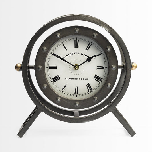 Gray Metal Circular Desk  Table Clock With Rivet Detail Frame - Homeroots