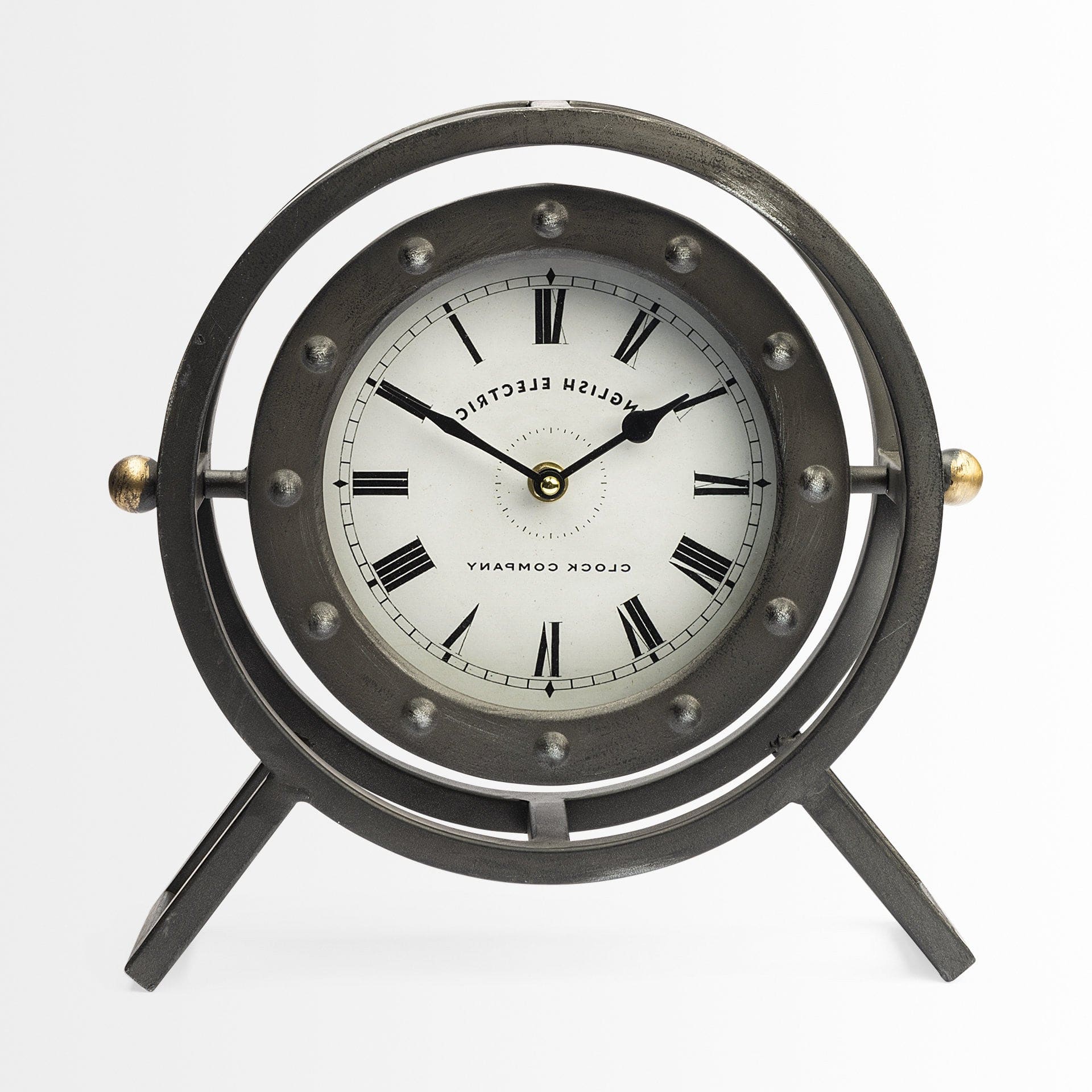 Gray Metal Circular Desk  Table Clock With Rivet Detail Frame - Homeroots