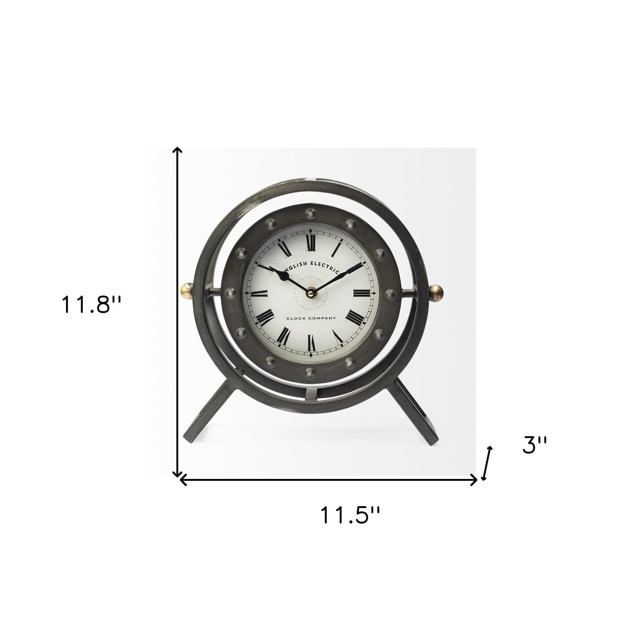 Gray Metal Circular Desk  Table Clock With Rivet Detail Frame - Homeroots