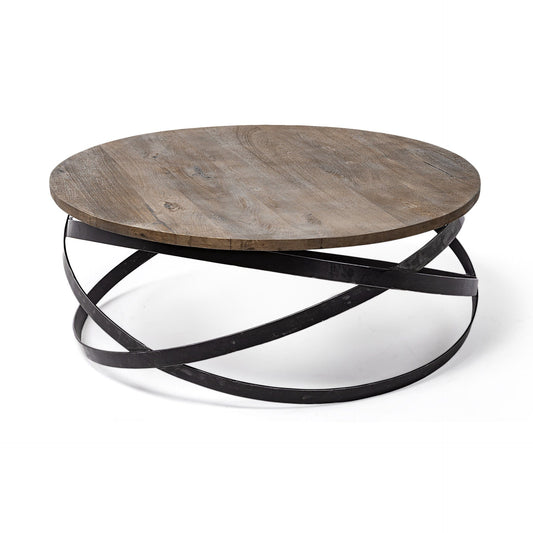 41" Brown And Black Solid Wood And Metal Round Coffee Table - Homeroots