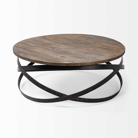 41" Brown And Black Solid Wood And Metal Round Coffee Table - Homeroots