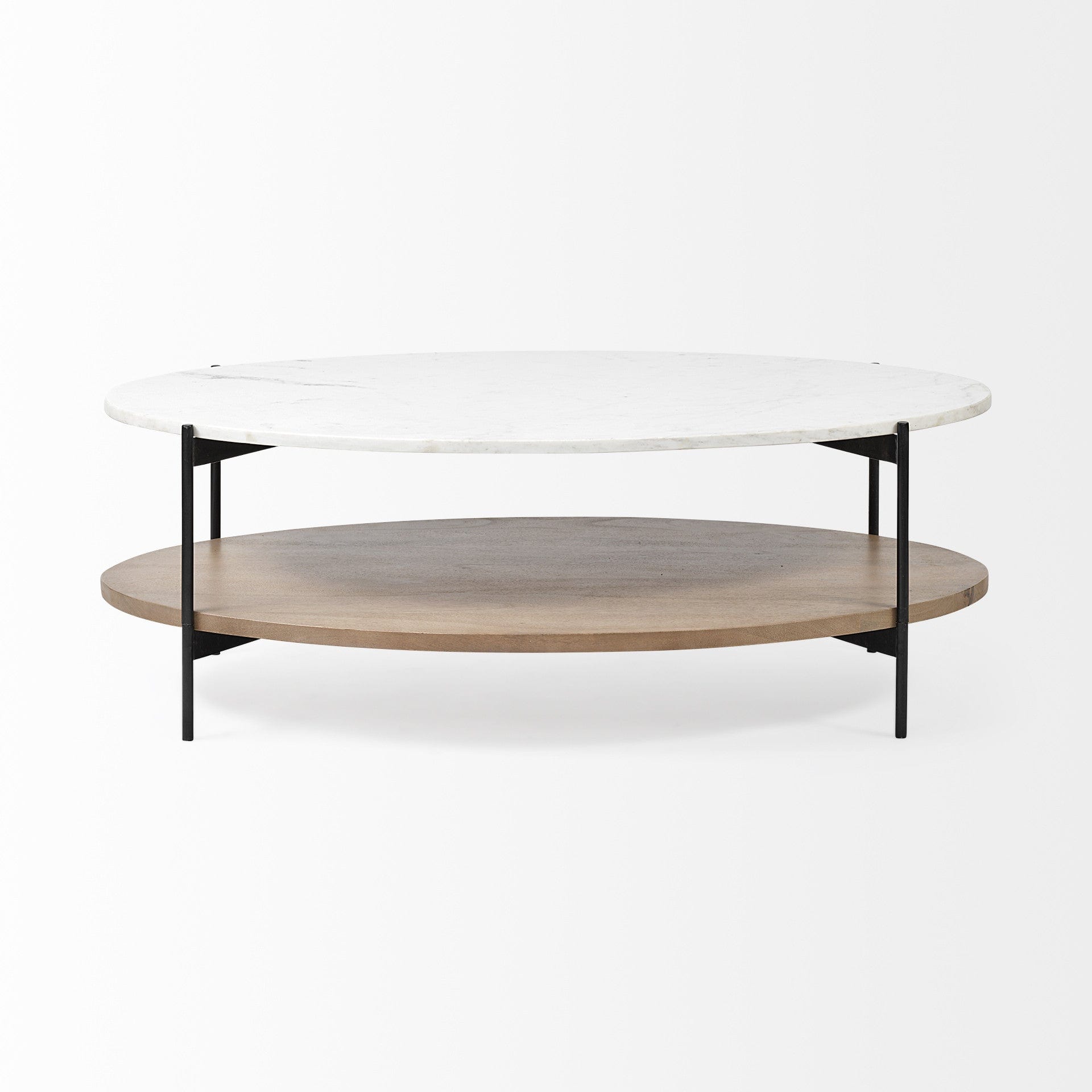 Oval White Marble Top And Black Metal Base Coffee Table W Wood Shelf - Homeroots