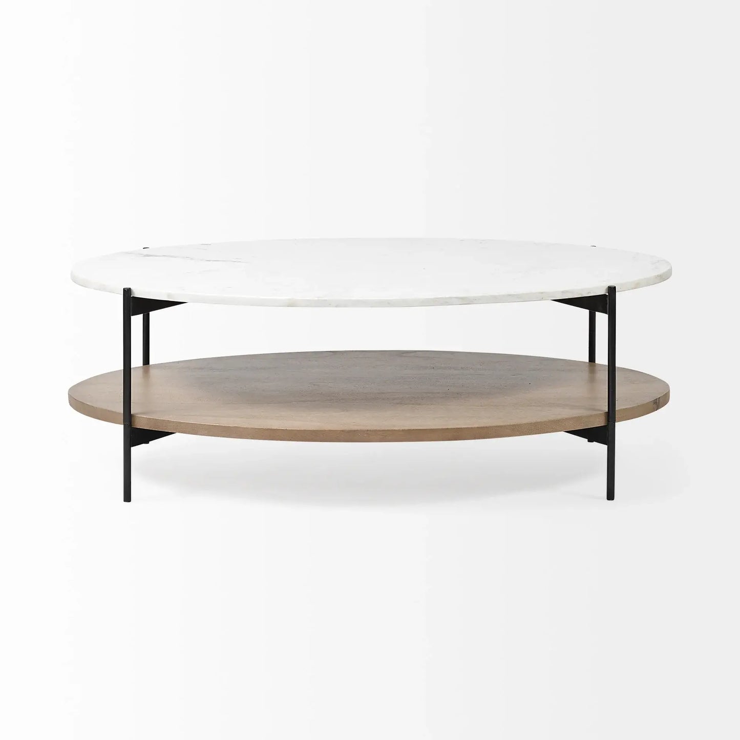 Oval White Marble Top And Black Metal Base Coffee Table W Wood Shelf - Homeroots - Flyclothing LLC