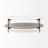 Oval White Marble Top And Black Metal Base Coffee Table W Wood Shelf - Homeroots - Flyclothing LLC