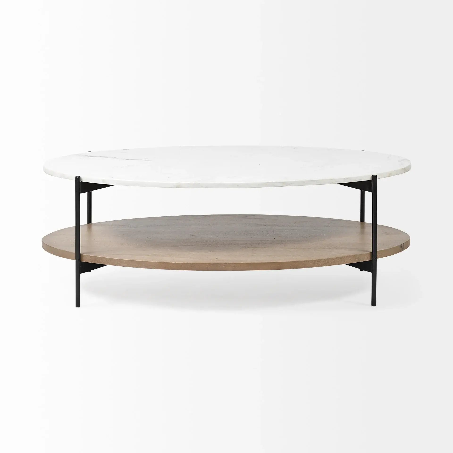 Oval White Marble Top And Black Metal Base Coffee Table W Wood Shelf - Homeroots - Flyclothing LLC