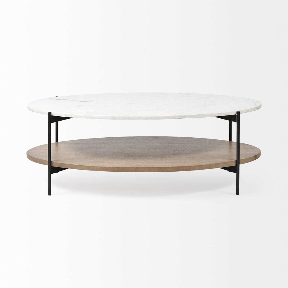 Oval White Marble Top And Black Metal Base Coffee Table W Wood Shelf - Homeroots - Flyclothing LLC
