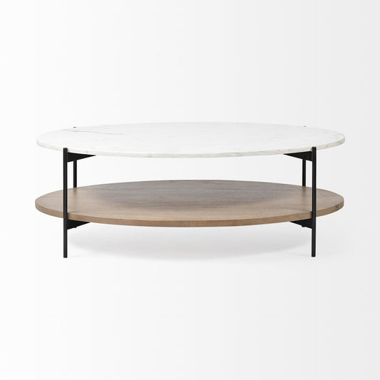 Oval White Marble Top And Black Metal Base Coffee Table W Wood Shelf - Homeroots