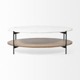 Oval White Marble Top And Black Metal Base Coffee Table W Wood Shelf - Homeroots