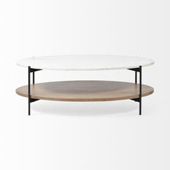 Oval White Marble Top And Black Metal Base Coffee Table W Wood Shelf - Homeroots