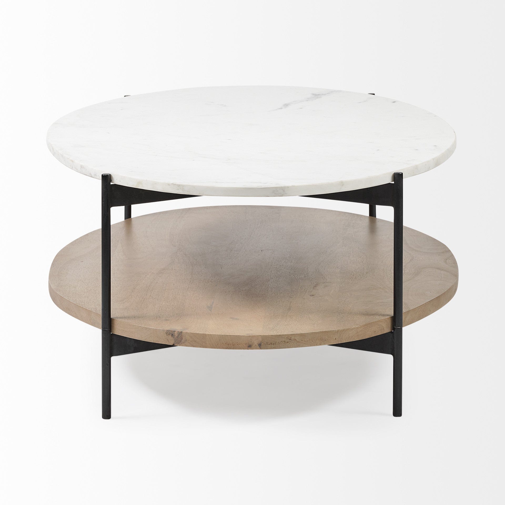 Oval White Marble Top And Black Metal Base Coffee Table W Wood Shelf - Homeroots