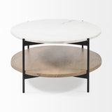 Oval White Marble Top And Black Metal Base Coffee Table W Wood Shelf - Homeroots