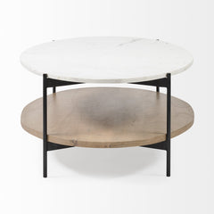 Oval White Marble Top And Black Metal Base Coffee Table W Wood Shelf - Homeroots