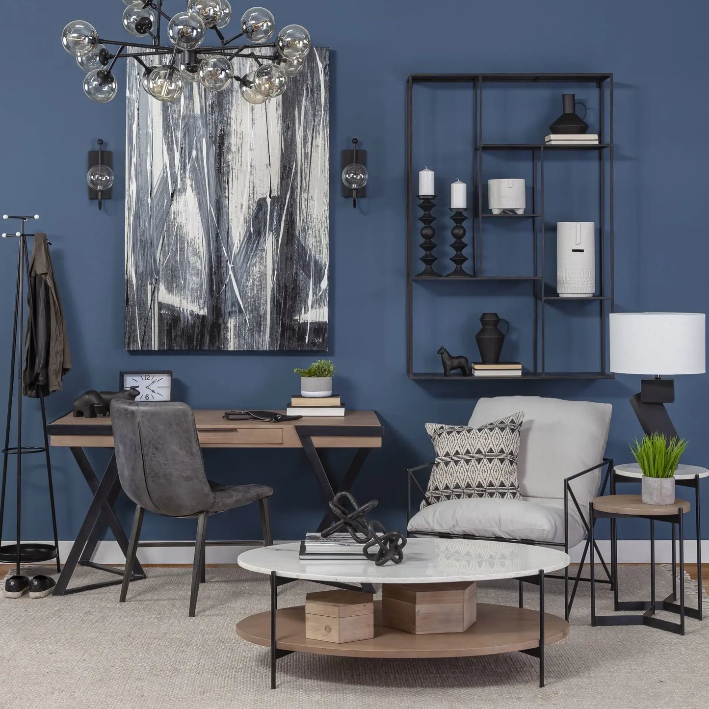 Oval White Marble Top And Black Metal Base Coffee Table W Wood Shelf - Homeroots - Flyclothing LLC
