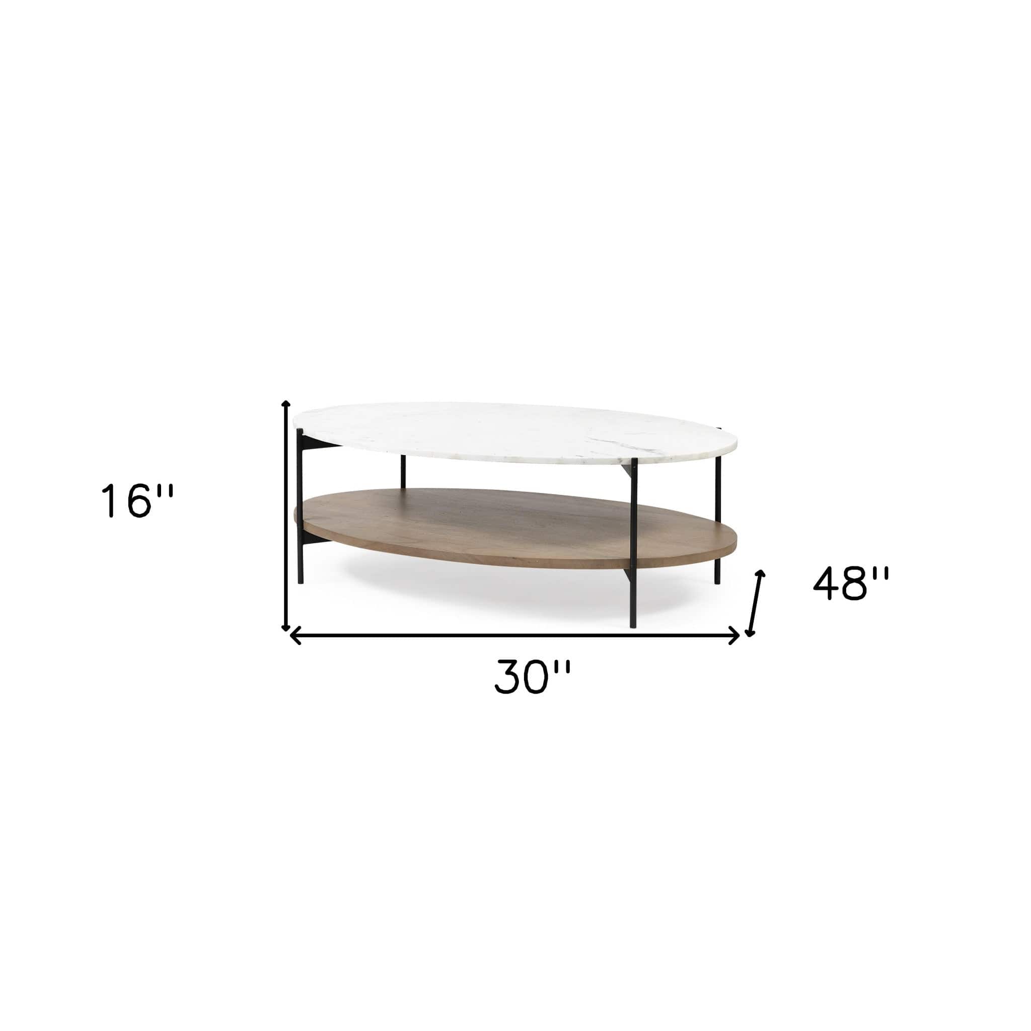 Oval White Marble Top And Black Metal Base Coffee Table W Wood Shelf - Homeroots