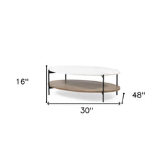 Oval White Marble Top And Black Metal Base Coffee Table W Wood Shelf - Homeroots