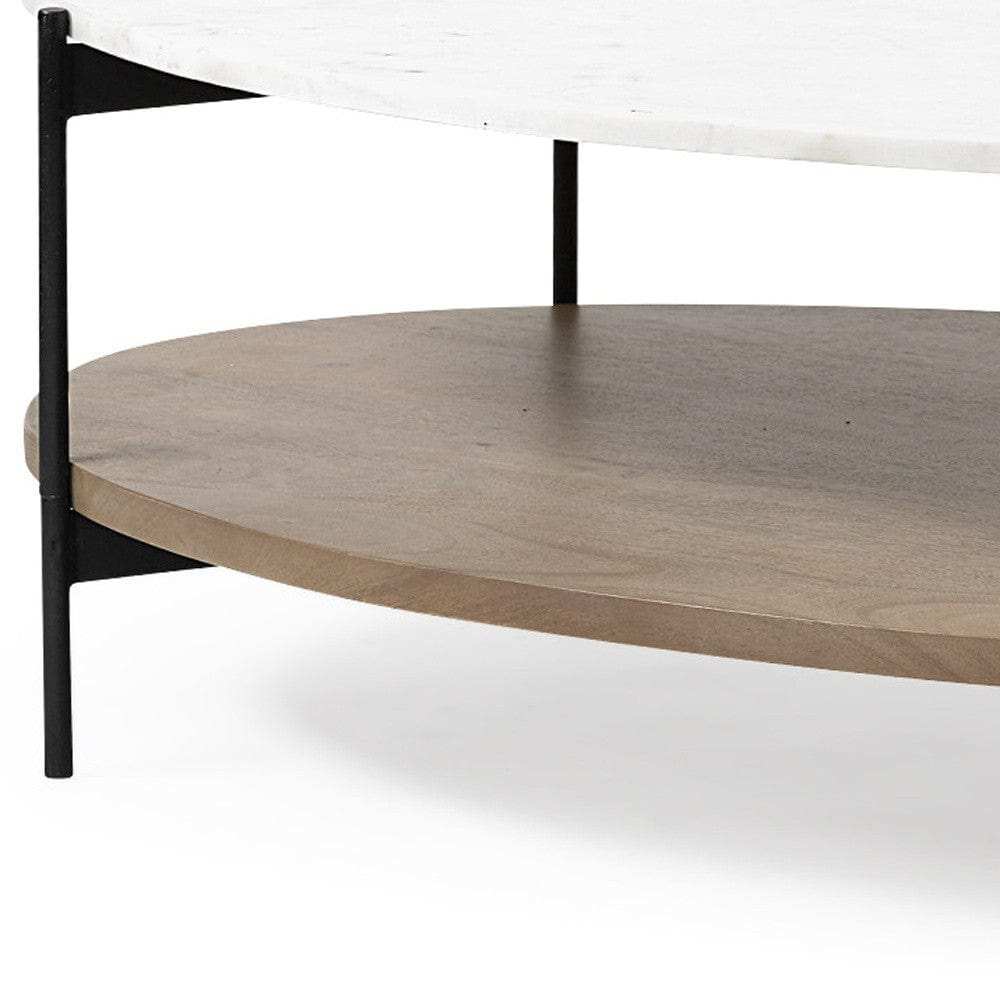 Oval White Marble Top And Black Metal Base Coffee Table W Wood Shelf - Homeroots - Flyclothing LLC