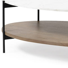 Oval White Marble Top And Black Metal Base Coffee Table W Wood Shelf - Homeroots