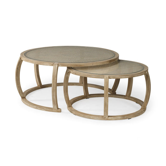 S2 41.5" Round Woven Cane Glass Top And Solid Wood Coffee Tables - Homeroots