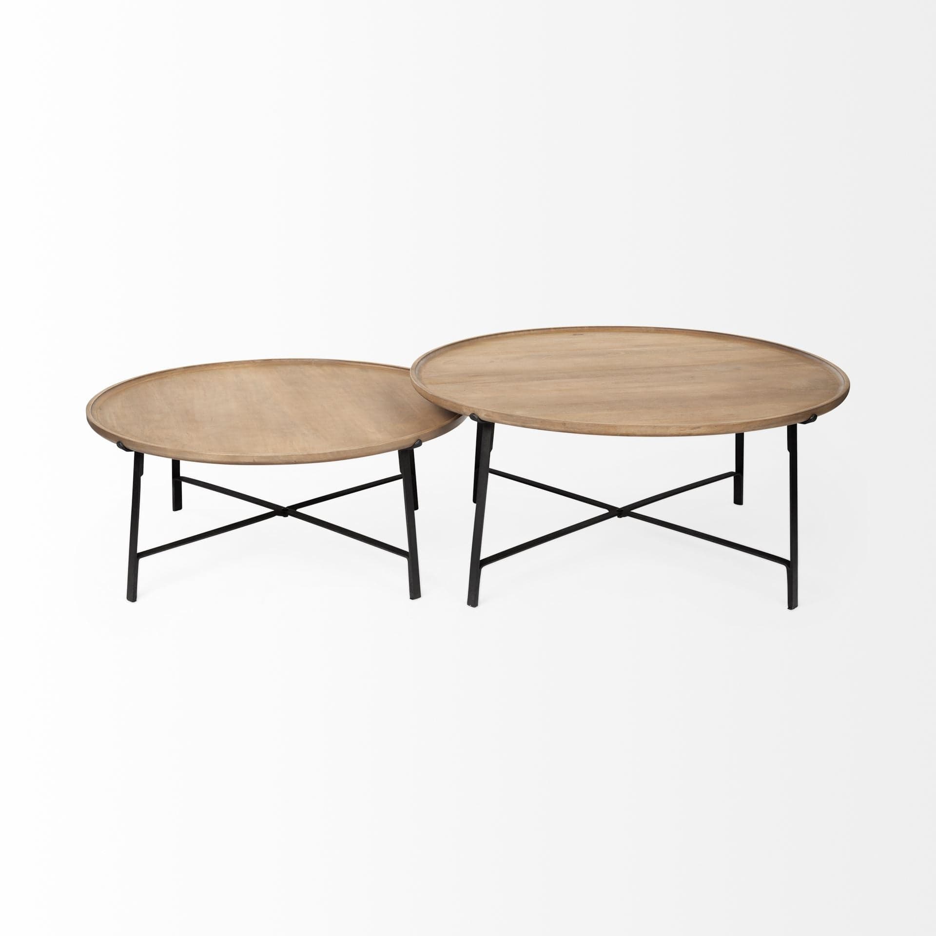 Set of Two 41" Brown And Black Solid Wood And Iron Round Nested Coffee Tables - Homeroots