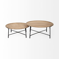 Set of Two 41" Brown And Black Solid Wood And Iron Round Nested Coffee Tables - Homeroots