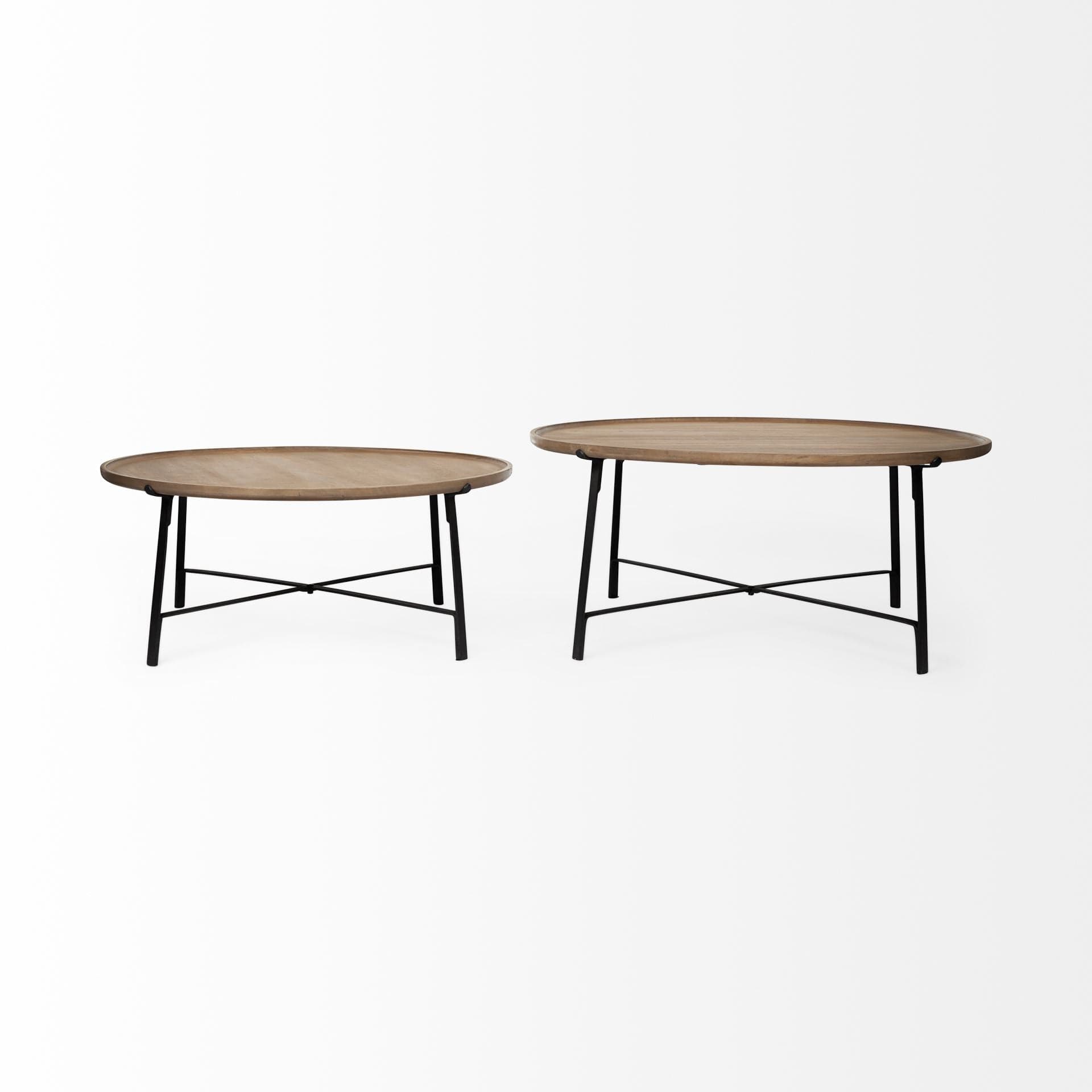 Set of Two 41" Brown And Black Solid Wood And Iron Round Nested Coffee Tables - Homeroots